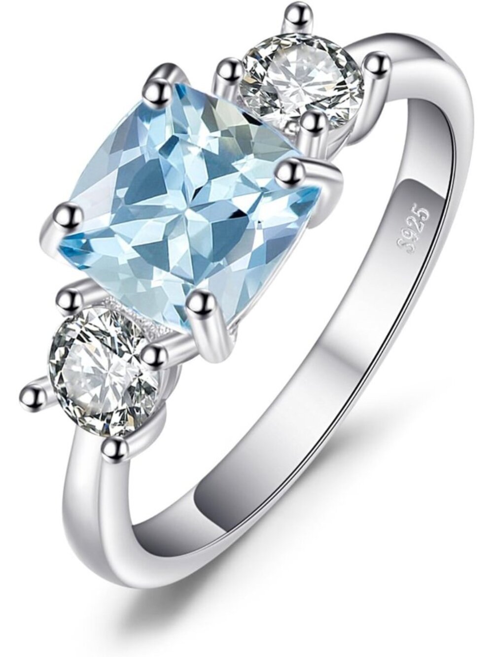 Cushion Cut 2.6ct Blue Topaz 3-Stone Ring, 14K Gold Plated Sterling Silver